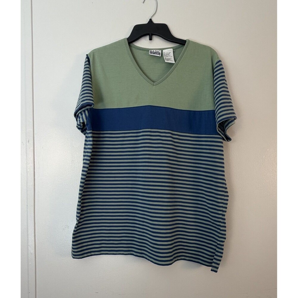 VTG Basic Editions Men XL V-Neck T-Shirt Green Blue Color Block Striped Casual
